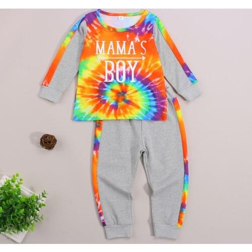 2021 Children Tie-Dye Clothes Suit Boys Contrast Color Long-Sleeved O-Neck T-Shirt + Stretch Waist Long Side Stitching Pants