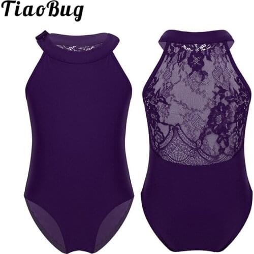 TiaoBug Kids Teens Sleeveless Halter Ballet Leotards Child Floral Lace Gymnastics Leotard Bodysuit Practice Stage Dance Costume