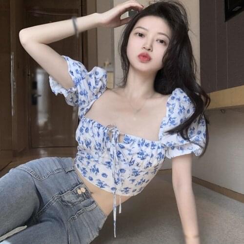 Women Blouse Square Neck Bubble Sleeve Floral Shirt Vintage Blouse Short Sleeve Lace Up Short Slim Tunic Crop Tops