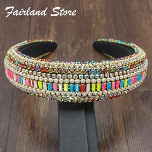 Fairland Korean Colorful Rectangle Chic Crystal Headbands Full Rhinestones Pearls Hairbands For Women Party Girls Wide Headhoops