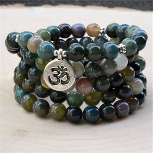 8mm Indian Agate Gemstone 108 Beads Mala Necklace Bracelet Meditation Tibetan Yoga Spiritua Retro Japa Buddhism