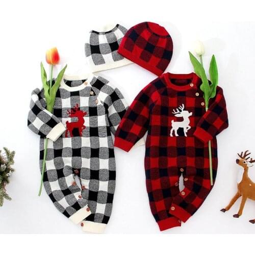 2021 Ins New Baby One-piece Long-sleeve Christmas Deer Plaid Rompers + Hat Spring Autumn Pure Cotton Boys Girls Clothes Jumpsuit