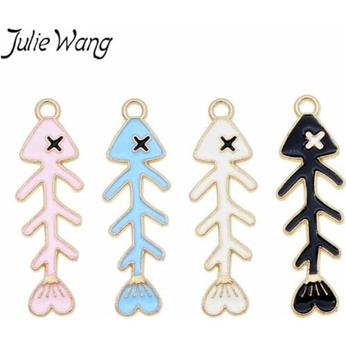 Julie Wang 8PCS Enamel Fish Bone Charm Alloy Gold Tone Fishbone Necklace Bracelet Earring Findings Jewelry Making Accessory