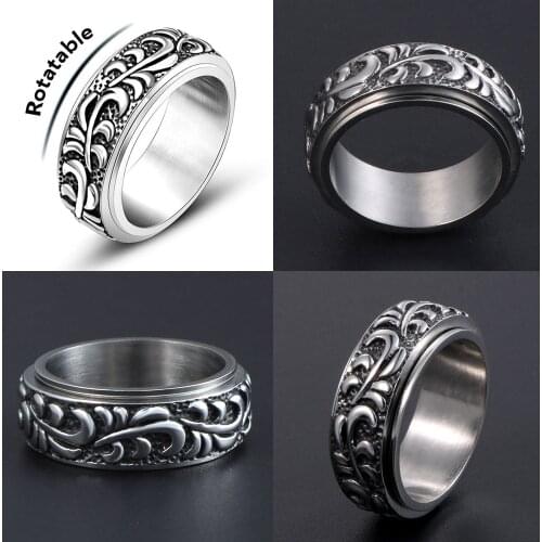 316L Rotatable Classical patterns grass Men Punk Vintage Ring Gothic Stainless Steel Biker Rings Motorcycle jewellery