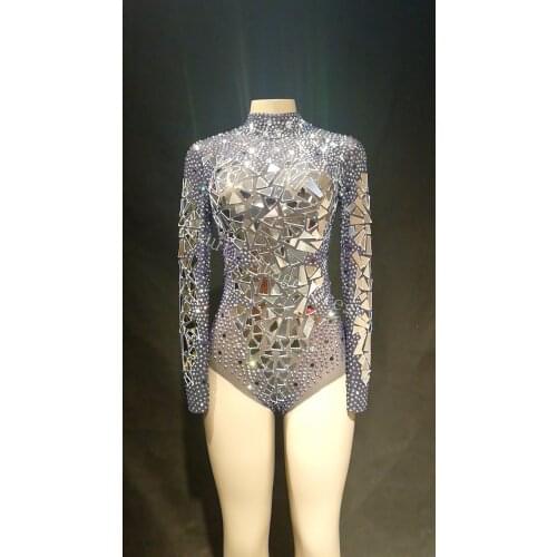 2019 Sexy Transparent Net Costume Stage Dance Wear Mirrors Stones Mesh Bodysuit Leotard Dance Performance Costume