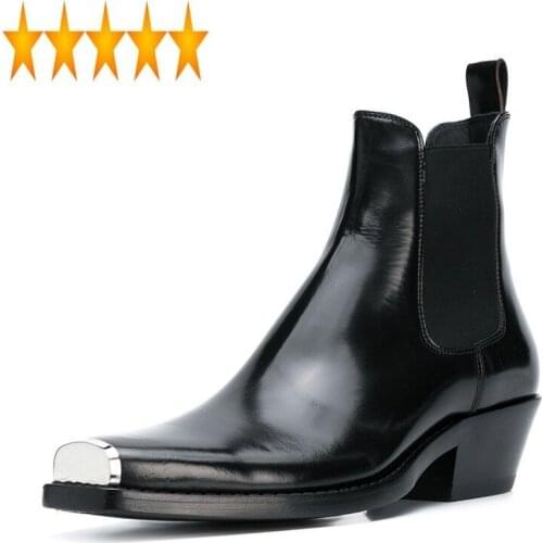 Leather 2021 Handmade Men Genuine Cow Chelsea Boots British Fashion Metal Square Toe Office Formal Booties Spring Autumn