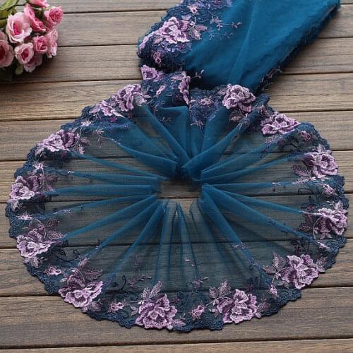 2Yds Lace Trim Purple Rose Embroidered Lakeblue Tulle Lace 7" Wide Doll Dress Underwear Costume DIY Craft Supplies