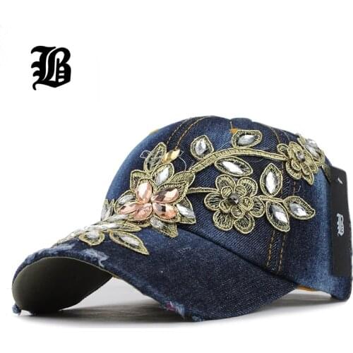 [FLB] Summer Baseball Cap For Women Flower Rhinestone Denim Baseball Cap Gorras Fall Hat For Womens Jean Caps Wholesale F244