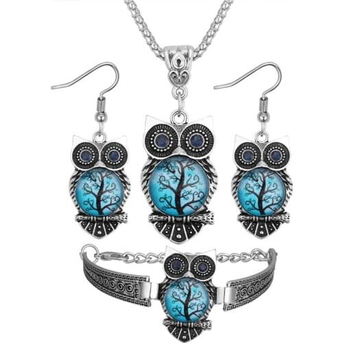 Hot Selling European Printing Resin Owl Style Jewelry Set (Earrings Bracelet Necklace )