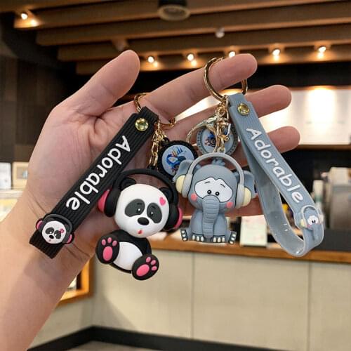 Cute Animal Panda Elephant Bear Earphone Music Keychain Rubber Waistband Accessories Key Chains Pendant Trinkets Wholesale