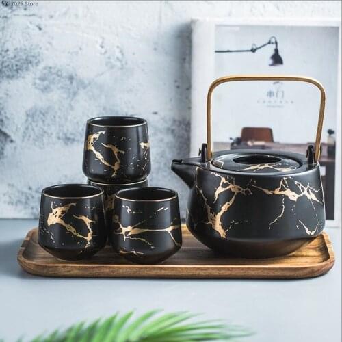 European-style marble tea cup set six-piece set 1200ML home living room drinking cup creative ceramic teapot tea set combination