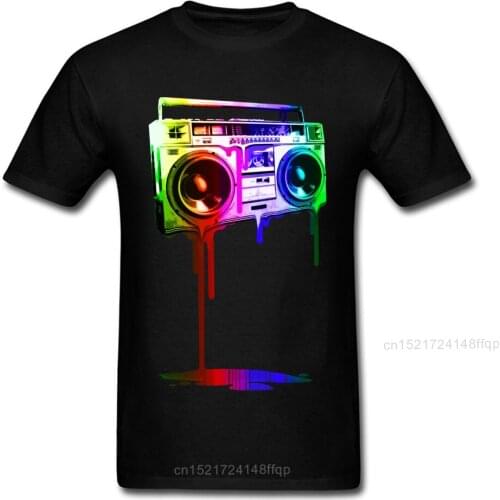 Melting Boombox T-shirts Men Black Tshirt Hip Hop Tops Tees Funky Birthday T Shirt Digital Rainbow Look Clothes Cotton Fabric