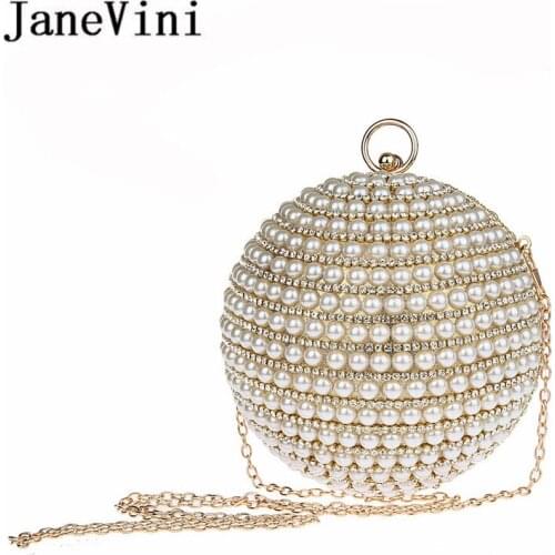 JaneVini New Designer Women Evening Bag Pearls Gold/Silver Beaded Ball Shoulder Bag Round Handbag Wedding Party Chain Bag 2018