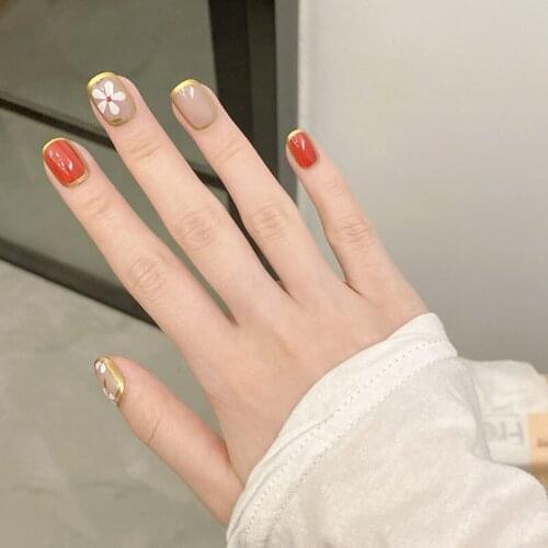 24pcs Flower Printed Nail Patch with Phnom Penh Glue Type Removable Short Paragraph Fashion Manicure False Nail Patch -VL16