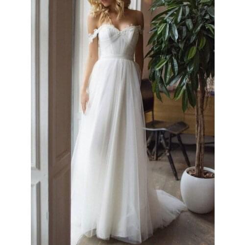 Simple Wedding Dress A Line Off The-Shoulder Sleeveless Pleated Bridal Dresses With Train