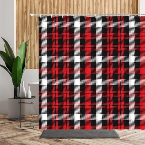 Retro Red Square Lattice Shower Curtain Ethnic Style Fabric Background Decoration Bathroom Bath Curtains Set With Hook Polyester