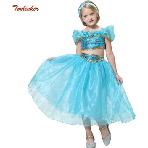 Christmas Girls Jasmine dresses Aladdin Cosplay tops and skirts Costume princess Jasmine girl dress role With Headband costume