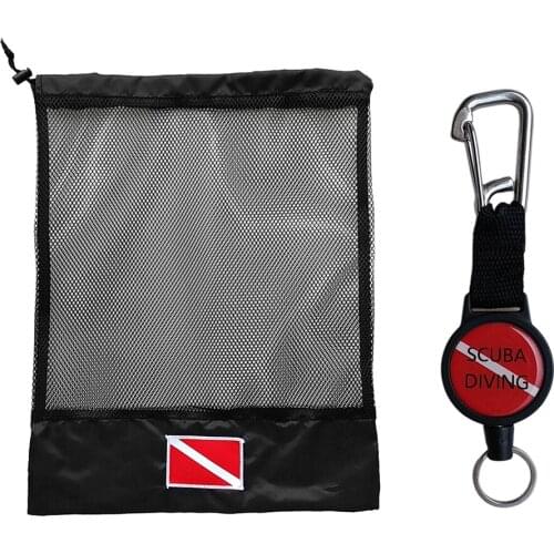 Scuba Diving Gear Keeper Retractor Retractable Clip Holder & Mesh Bag Pouch Diving Gear Hook Mesh Bag for Water Sports