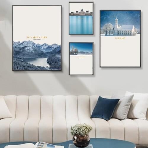 Nordic Decoration Castle Building Blue Lake Sky Landscape Wall Art Canvas Painting Quotes Posters Prints Decor for Living Room