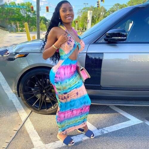 Tie Dye Colorful Stripe Halter Bodycon Sexy Print Maxi Long Dress Summer Women Fashion Streetwear Outfits Sundress 2021