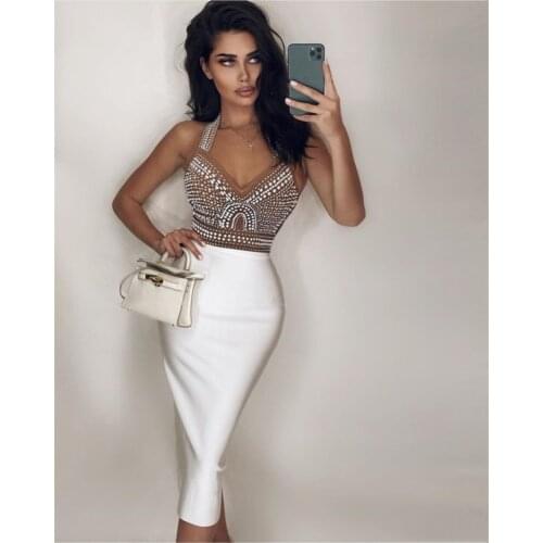 Top Quality High Street White Black Sexy Off Shoulder Sleeveless Beading Shining Knee Length Bandage Dress 2020 Celebrity Party