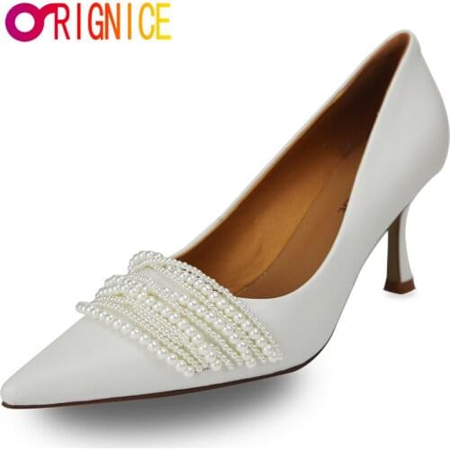Orignice Designer Pearls Beads High Heels Pumps Female 2021 Fashion Newest Pointed Toe Genuine Leather Wedding Party Shoes