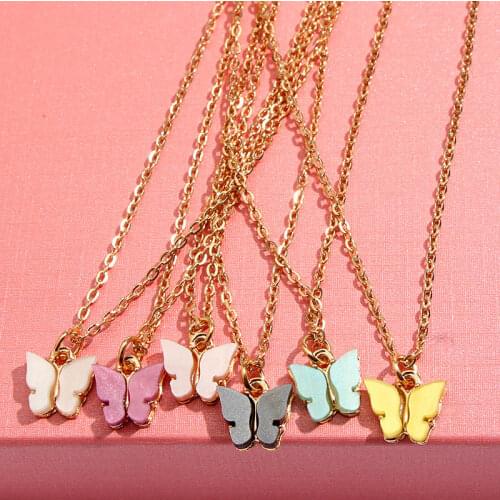 Flatfoosie Korean Sweet Resin Butterfly Necklaces For Women Long Chain Fashion Statement Pendant Necklace Jewelry Party Gift