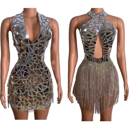 2021 New Nightclub Gogo Dancer Sexy Mirror Tassel Dress Female Singer Stage Performance Costumes Festival Rave Outfits DWY5143