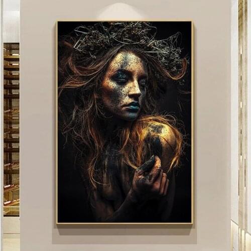 Abstract Tattoo Women Canvas Painting Norse Mythology Black & Gold Goddess Posters Prints Wall Cuadros Art Pictures Home Decor