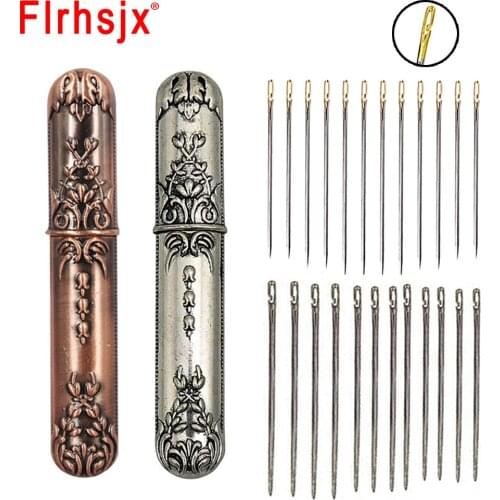 2 Colors Vintage Metal Needle Case with Big Eye Self Threading Needles Handy Sewing Needle Organizer Needlework Sewing Tools