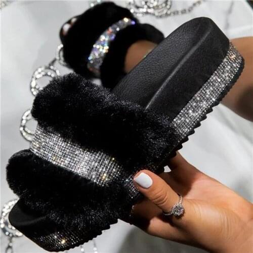 Designer Women Fur Rhinestone Slippers Platform Wedges Heel Solid Fluffy Furry Slides Outside Sexy Shoes Ladies Sapatos De Mujer
