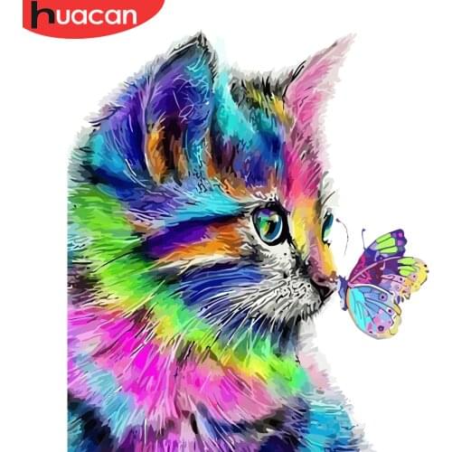 HUACAN Oil Painting Cat Animal HandPainted DIY Gift Kit Drawing On Canvas Coloring By Number Butterfly Wall Art Home Decor