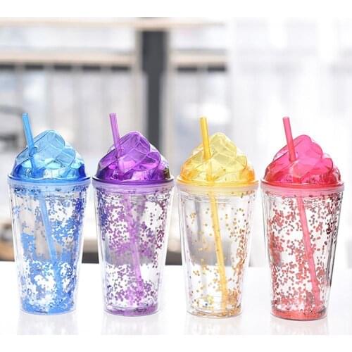Fashion Sequins 2-Layer Ice Cream Cap Drinking Bottle Cup Kettle with Straw