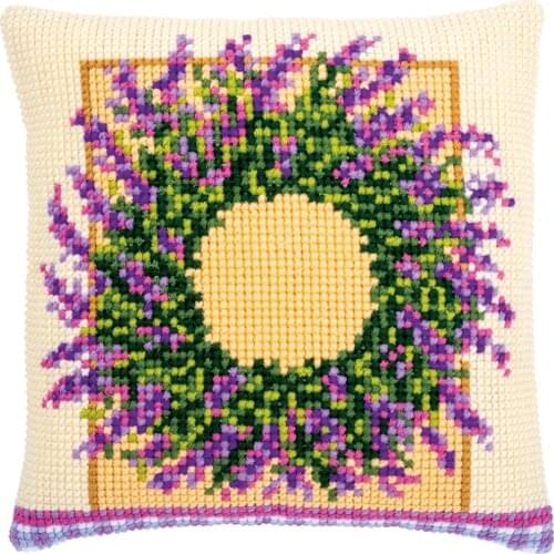 DIY Cross Stitch Cushion Cover Lavender Wreath Needlepoint Kit Printed Canvas Chunky Yarn Cross-stitch Pillow Case Arts & Crafts
