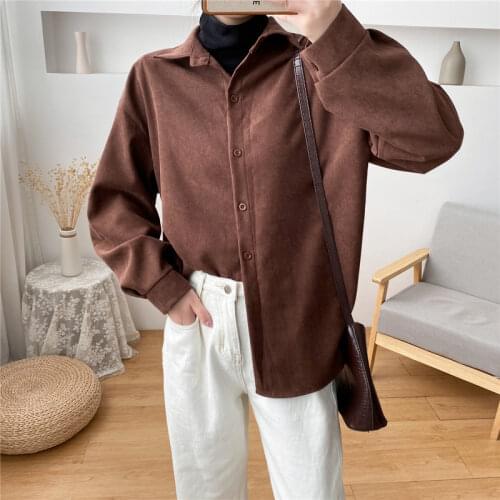 2021 New Hong Kong Style Vintage Corduroy Shirts Womens Blouses and Tops Autumn and Winter Thicken Loose Long Sleeve Shirt 11879