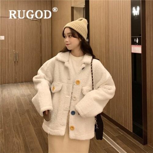 RUGOD 2019 New Women Lambswool Thick Warm Winter Coat Turn-down Collar Rainbow Buttons Slim Coat Chic Sweet Streetwear Wool Coat