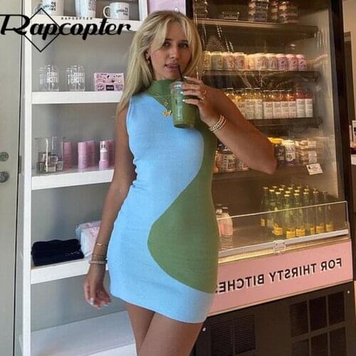 Rapcopter Contrast Color Mini Dress y2k Knitted Bodycon Dress Harajuku Short Dress Sleeveless Tank Dress 90s Women Sundress New