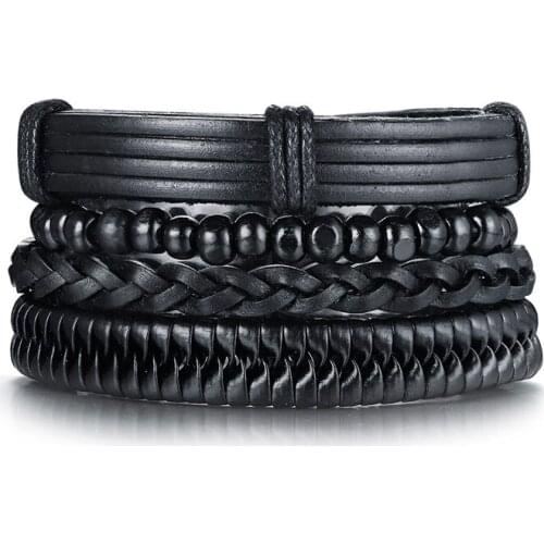 2021 Wooden Bead PU Leather Material Hand Strap Black For Mens Trendy Matching With Four-piece Set Temperament Accessories