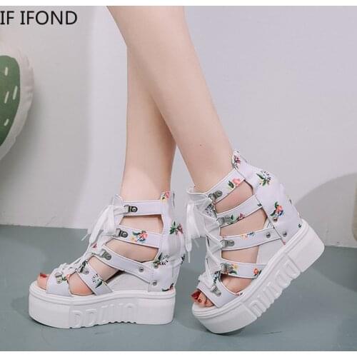 New Women Sandals Fashion Printed Gladiator Sandals Woman Hidden Wedges Open Toe Platform High-Heeled Shoes Comfy Womens Shoes