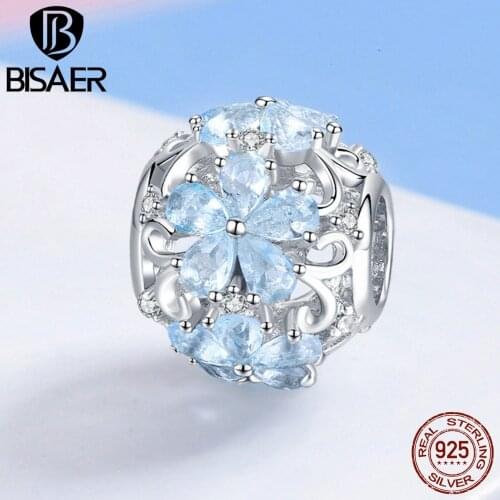 BISAER 925 Sterling Silver Charm Winter Flower Ice Flower Light Blue CZ Beads fit Bracelets DIY Silver 925 Jewelry Making ECC941