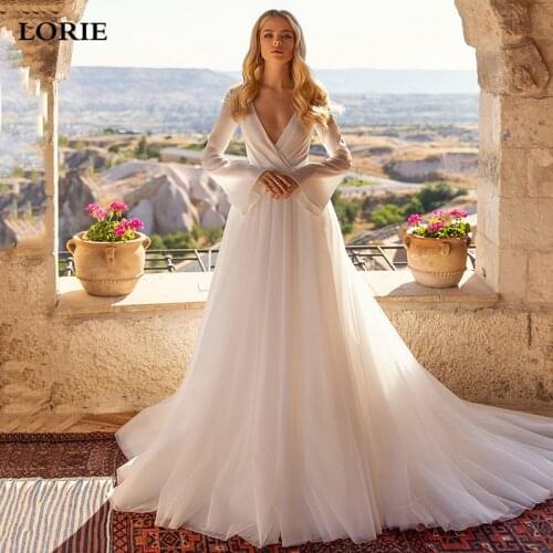 LORIE Ivory Long Flare Sleeve Wedding Dresses Open V Neck Bridal Gown Covered Back Vestido De Noiva Wedding Gowns Custom made