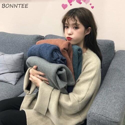 Sweaters Women Oversized Simple Fall New Ulzzang Lovely Ladies Knit Pullover All-match Flare Sleeve Vintage Daily Femme Knitwear