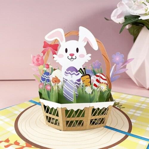 SWEETWU 1 Pc Bunny Flower Basket Easter Cute Animal Greeting Cards for Happy Birthday Kids Baby Shower with Envelope Happy