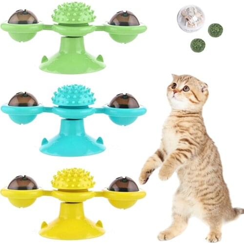 Interactive Cat Toy Windmill Portable Scratch Hair Brush Grooming Shedding Massage Suction Cup Catnip Cats Puzzle Training Toys