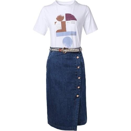 High Quality European American Womens Sets 2019 Summer New O-Neck T-shirt Top + Skirt Two-piece Ladies Fashion Sets Trend L290