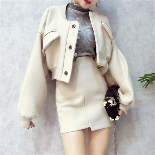 Bat Sleeve Woolen Short Loose Autumn Spring Coat Women High Waist Irregular Bag Hip Skirt Streetwear Coat Female Two-piece Suit