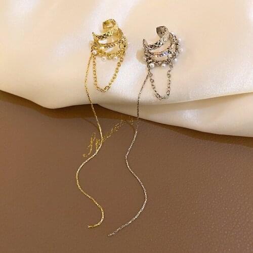 Personality Trendy Metal Earrings 1pc Temperament Pearl Crystal Ear Line Chain No Pierced Ear Bones Clip Ins Wind Ears