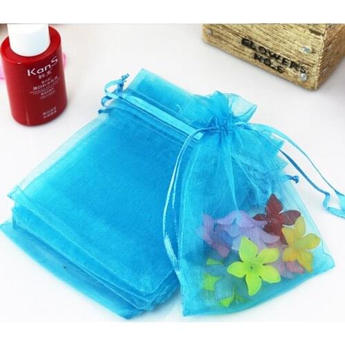 17x23cm (6.69"x9.05")100pcs Lake Blue Christmas Wedding Gift Candy Bags Organza Drawstring Bags Jewelry Packing Gift Pouches