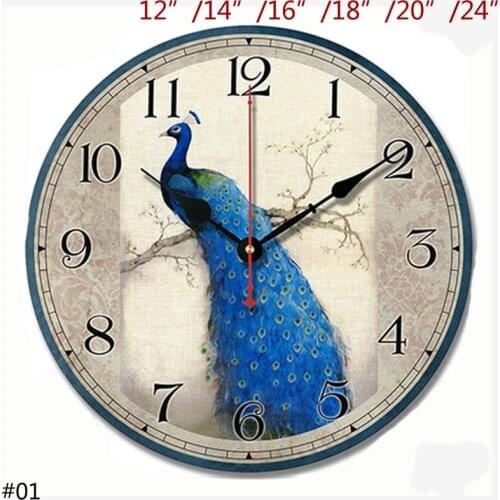 Antique Grey Blue Peacock with Arabic Numerals Printed Face 12, 14, 16, 18, 20, 24 inches Round Single-sided Wooden Wall Clock