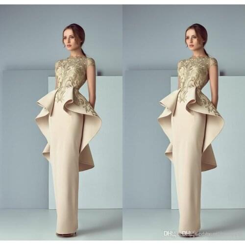 Champagne prom dresses crew neckline embroidery peplum sheath satin long evening dresses gowns